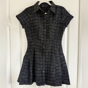 Zara Black White Sparkle Tweed Short Sleeve Collared Drop Waist Mini Dress